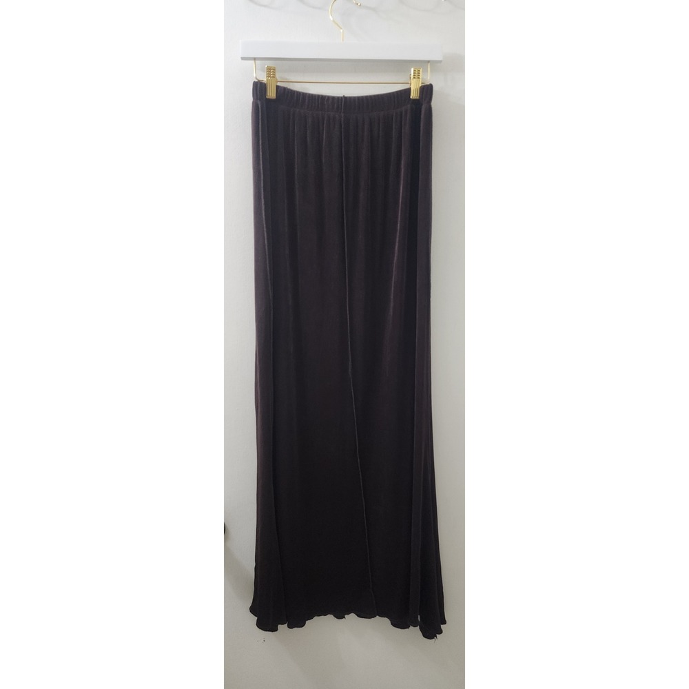 Heydari Brown Slinky Ribbed Maxi Skirt‎ Elastic Waist Lettuce Edge Hem Womens